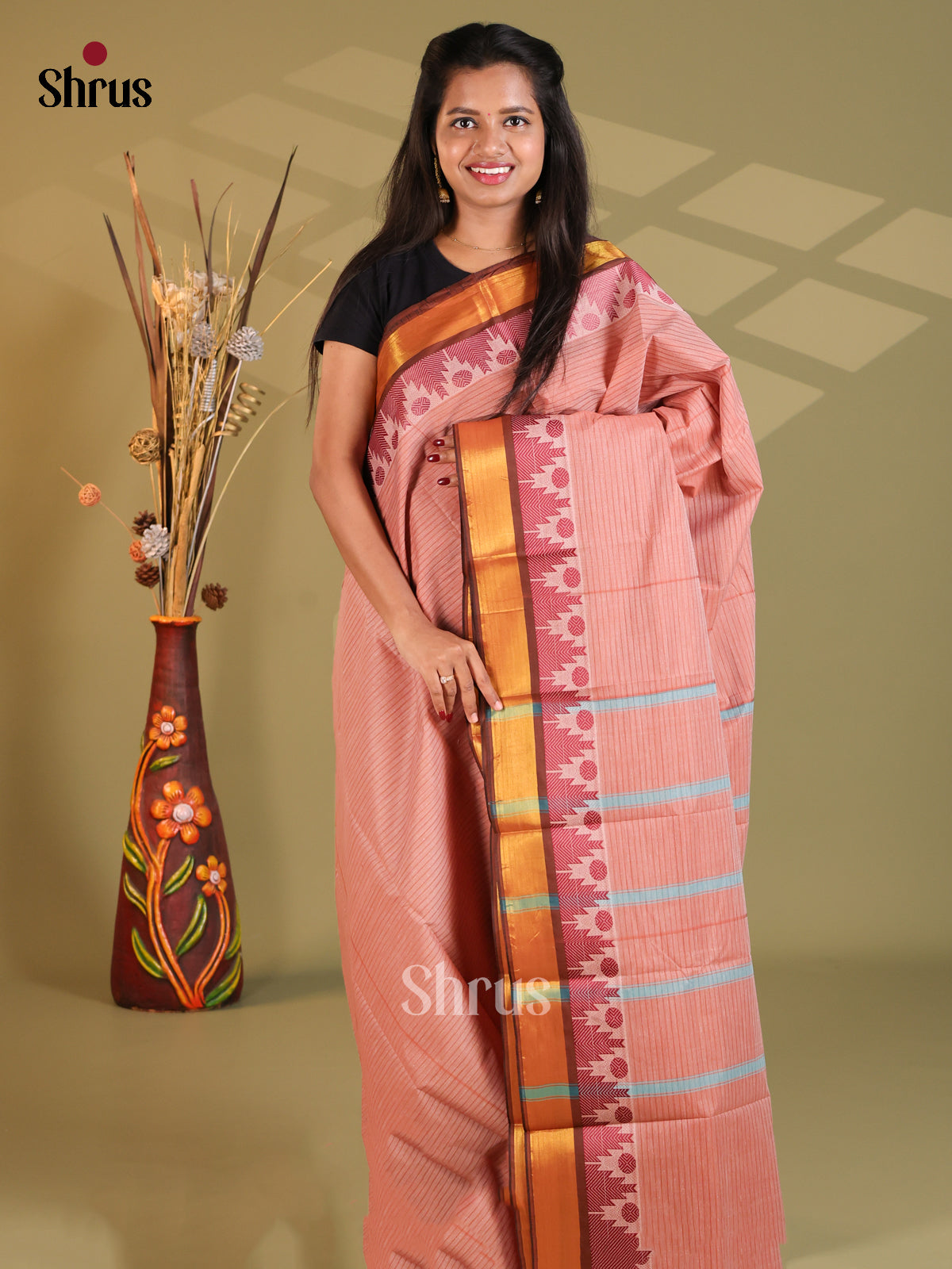 Dusty Brown & Brown- South Cotton Saree - Shop on Shrus.com