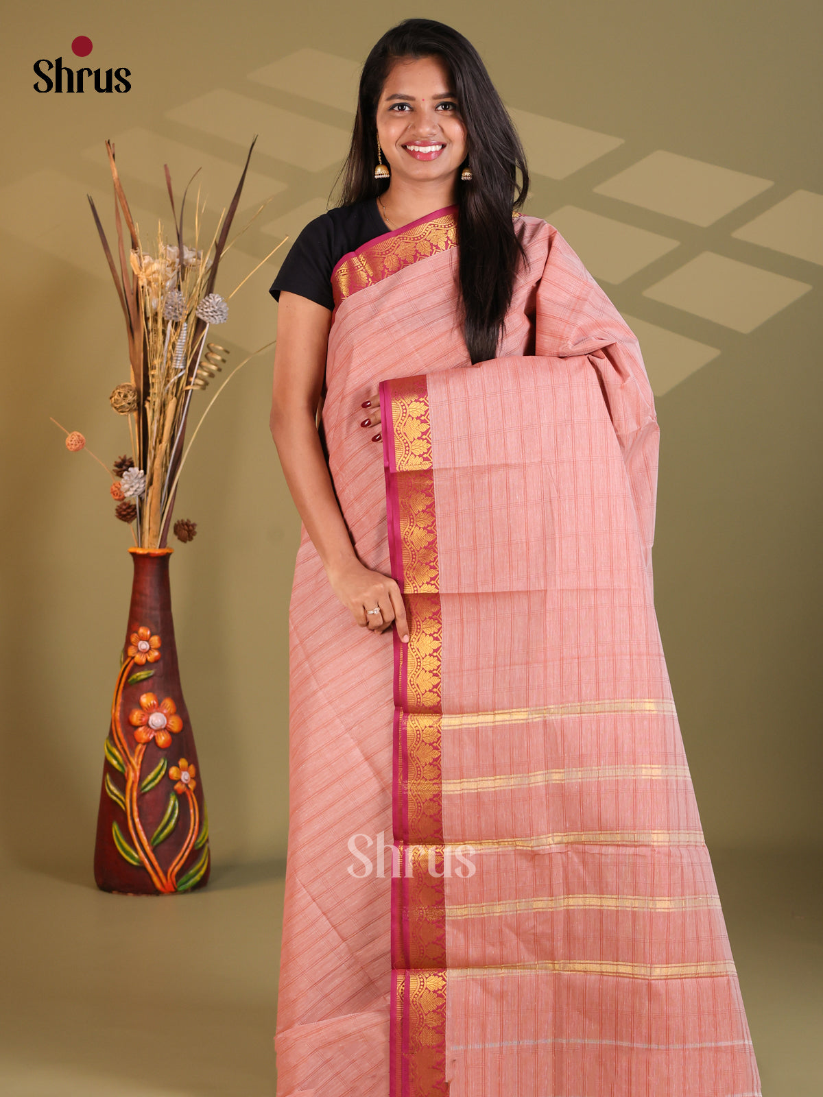 Dusty Pink & Pink - South Cotton Saree - Shop on Shrus.com
