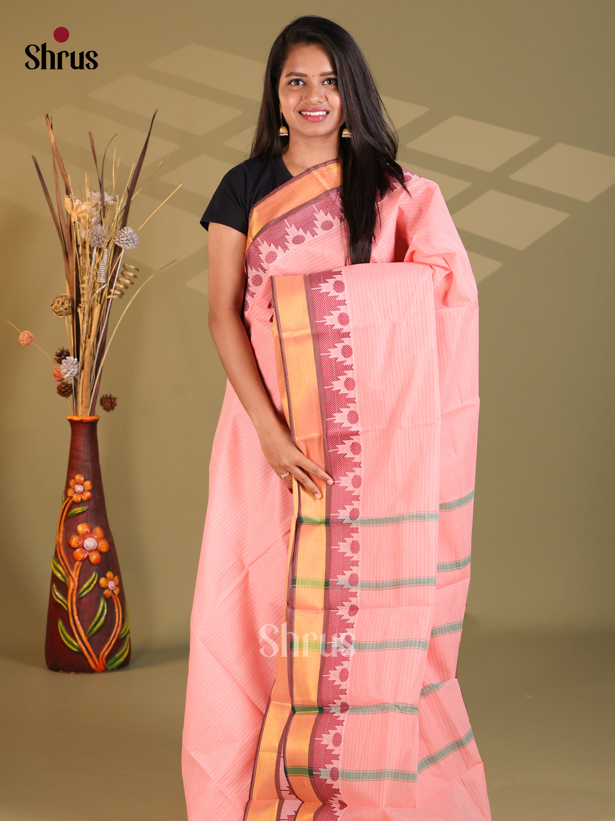 Baby pink & Maroon - South Cotton Saree