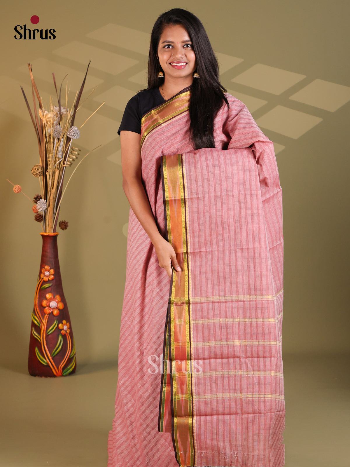 Dusty Pink & Green - South Cotton Saree - Shop on Shrus.com