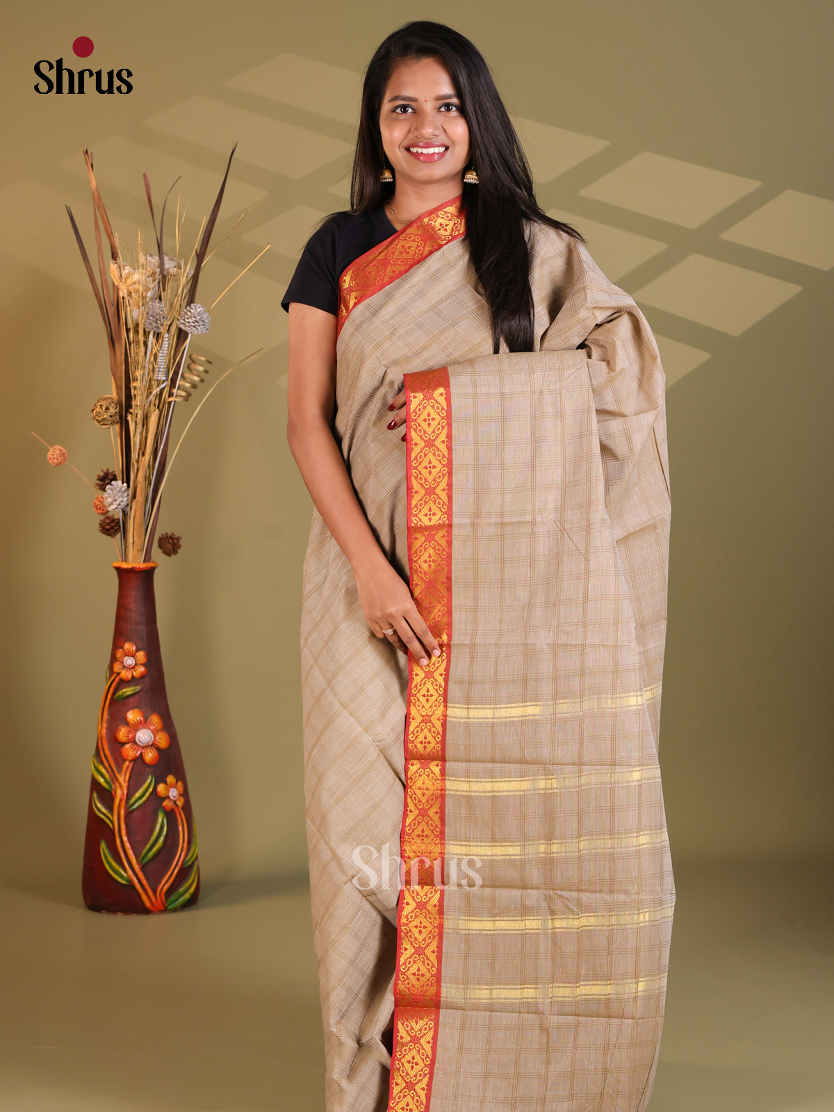 Grey & Red- South Cotton Saree - Shop on Shrus.com