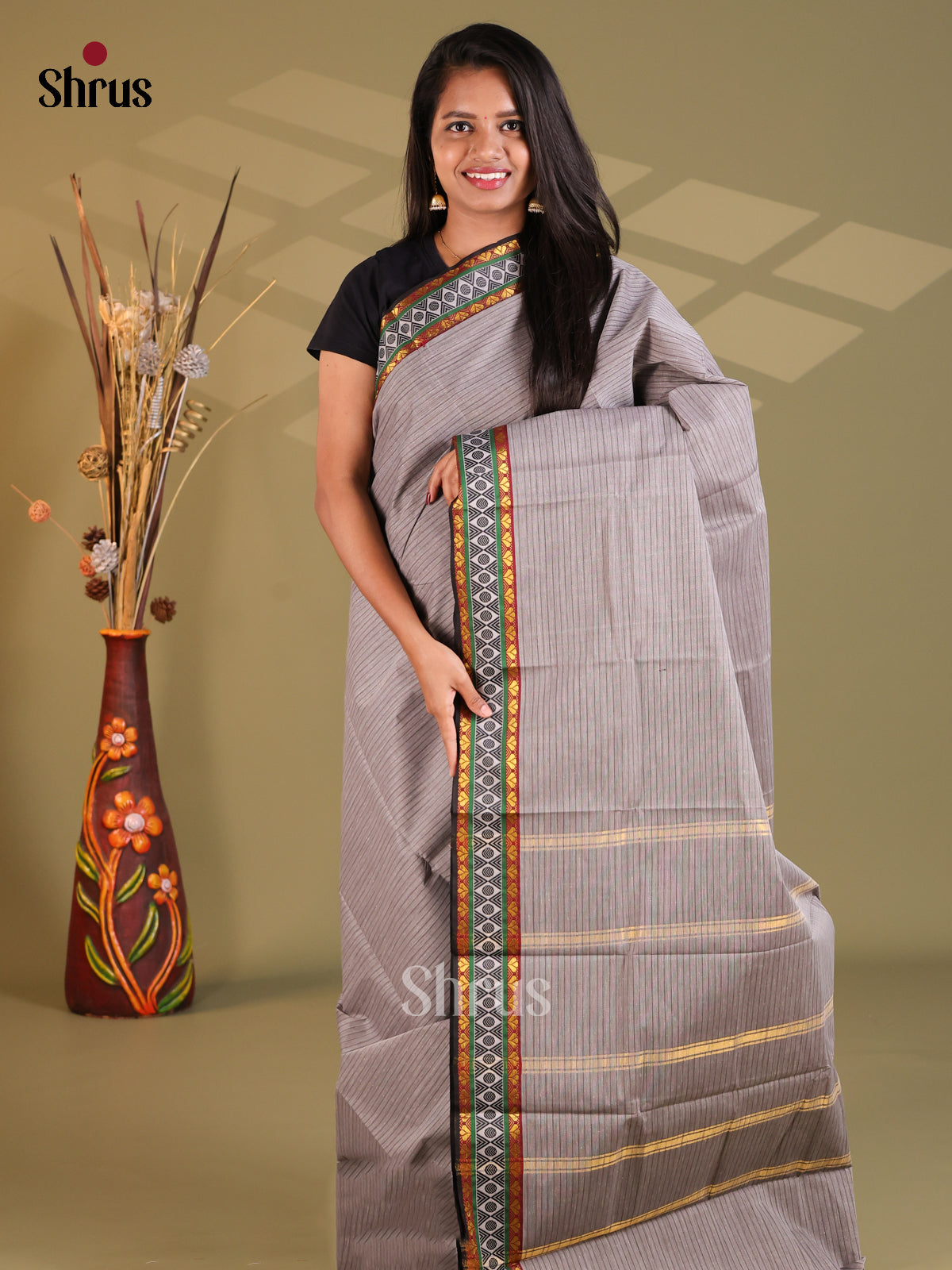 Grey & Black  - South Cotton Saree - Shop on Shrus.com