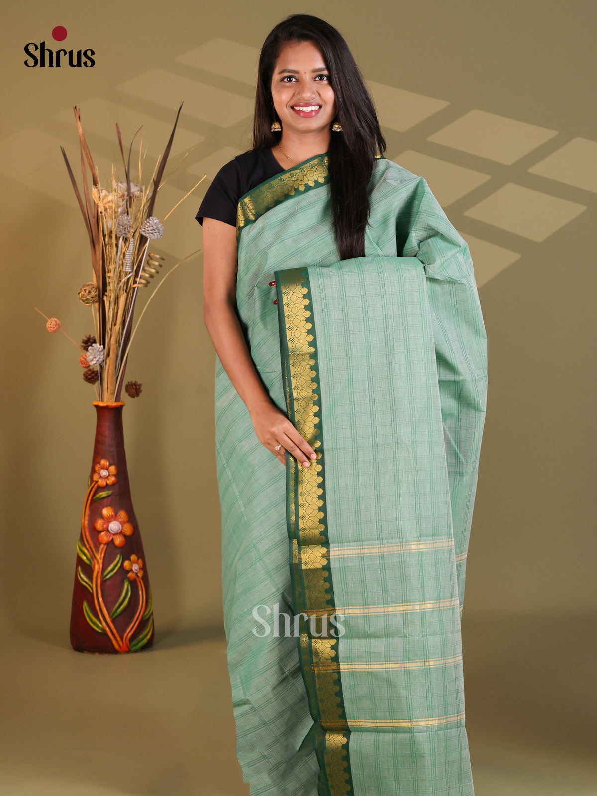 Pastel Green & Green - South Cotton Saree - Shop on Shrus.com
