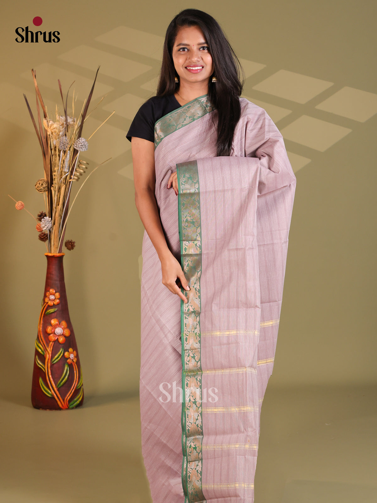 Mild Lavender & Green - South Cotton Saree - Shop on Shrus.com