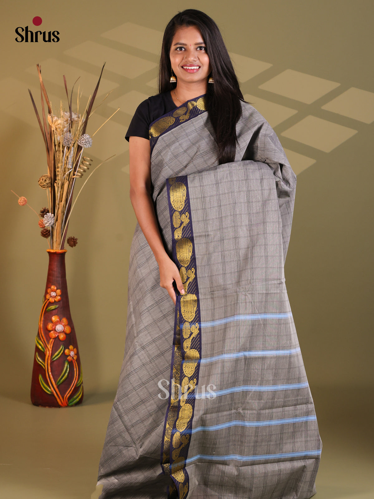 Grey & Blue - South Cotton Saree - Shop on Shrus.com
