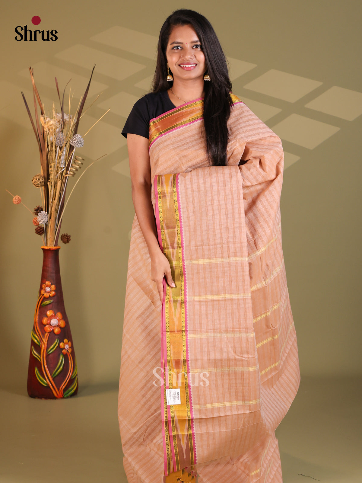 Peach & Pink - South Cotton Saree - Shop on Shrus.com
