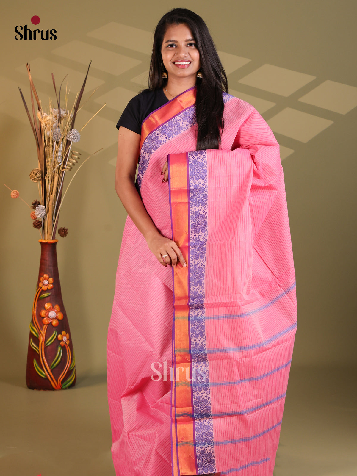 Pink & Purple - South Cotton Saree - Shop on Shrus.com