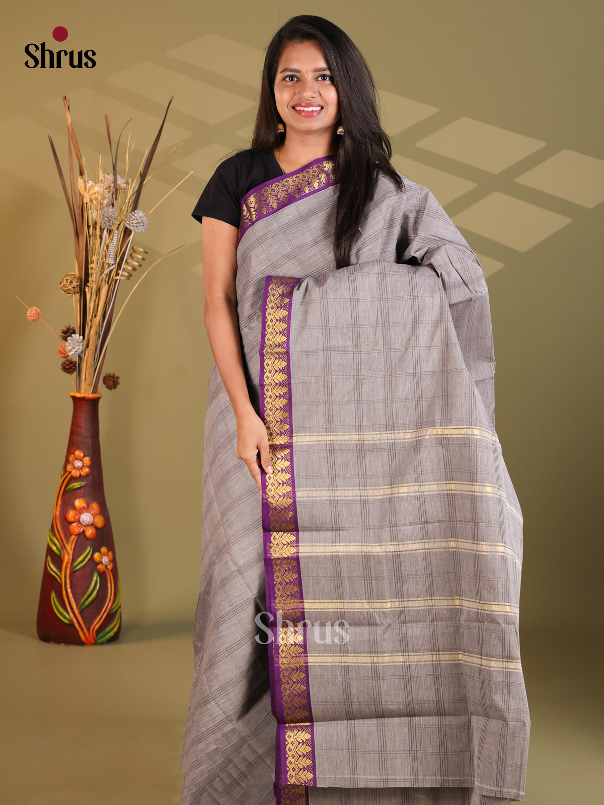Grey & Violet- South Cotton Saree - Shop on Shrus.com