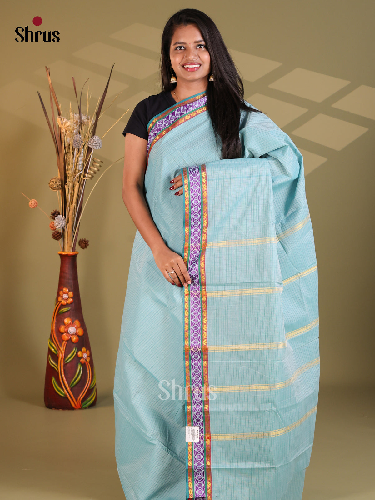 Pastel Blue  - South Cotton Saree - Shop on Shrus.com