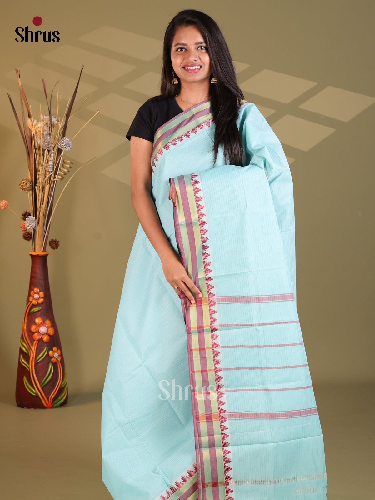 Pastel Blue - South Cotton Saree - Shop on Shrus.com