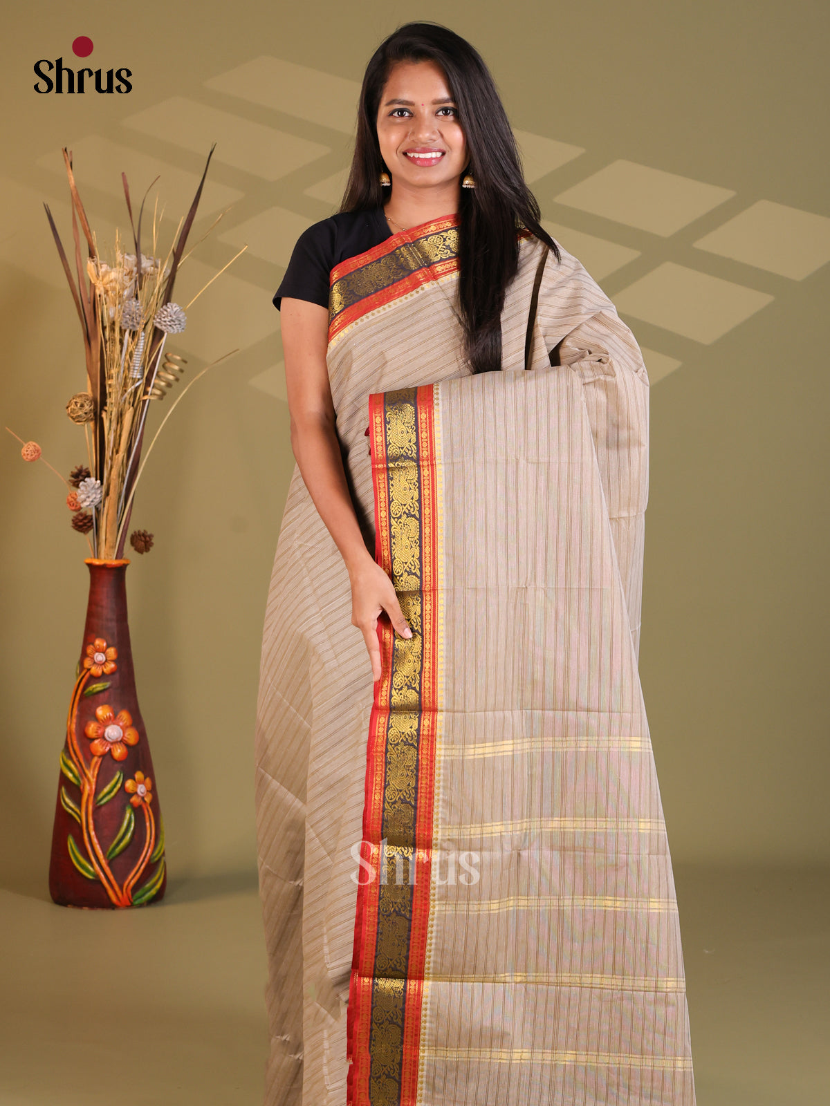Grey & Red - South Cotton Saree - Shop on Shrus.com