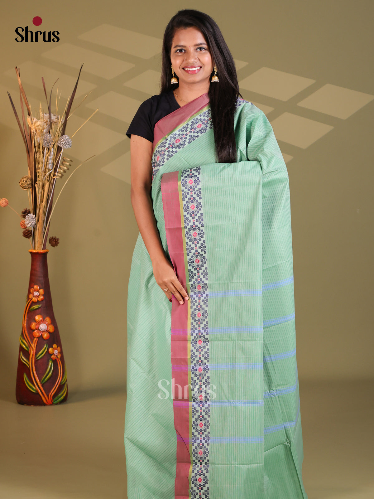 Teal Green & Purple - South Cotton Saree - Shop on Shrus.com