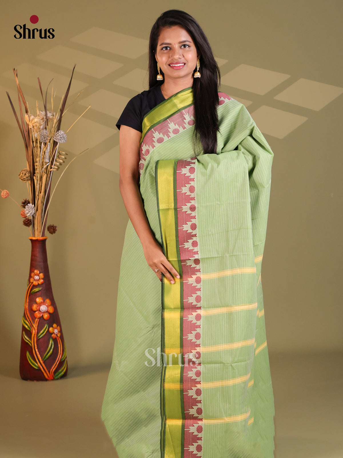 Light Green & Green - South Cotton Saree - Shop on Shrus.com