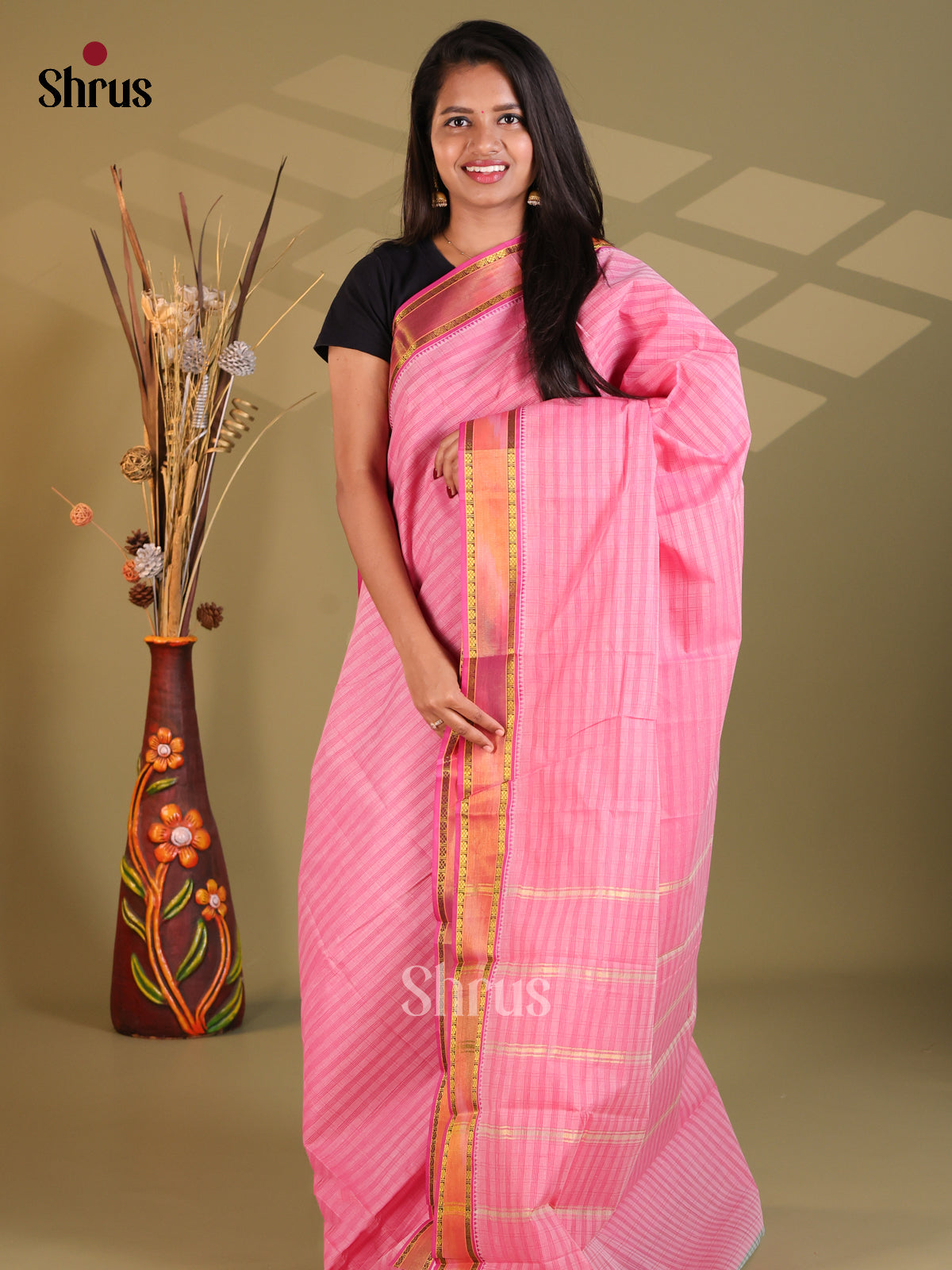 Pink  - South Cotton Saree - Shop on Shrus.com