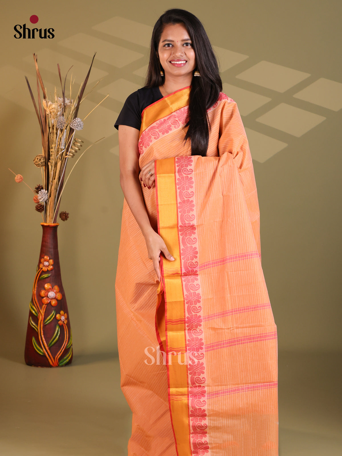 Peach  & Red- South Cotton Saree - Shop on Shrus.com
