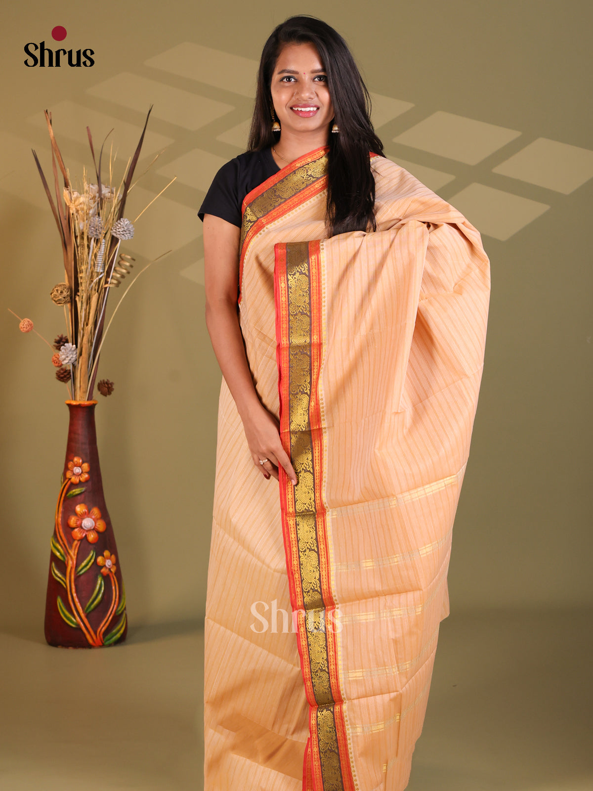Peach & Red- South Cotton Saree - Shop on Shrus.com