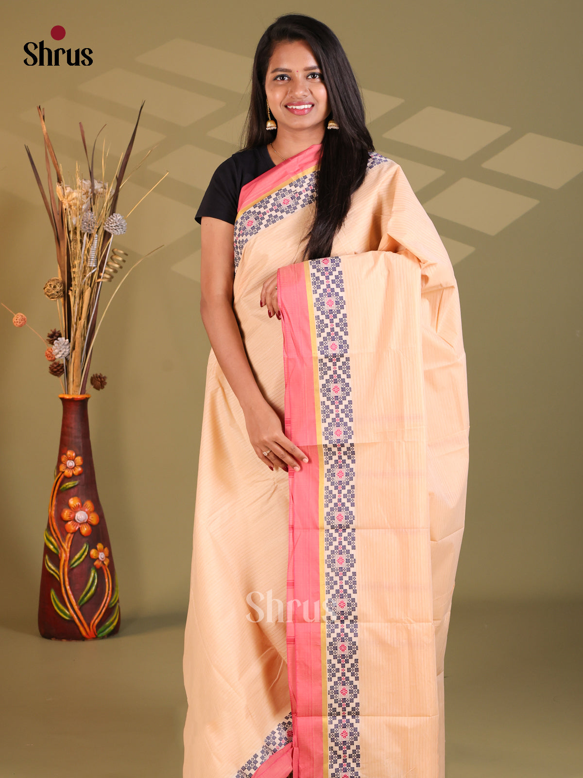 Peach & Orange - South Cotton Saree - Shop on Shrus.com