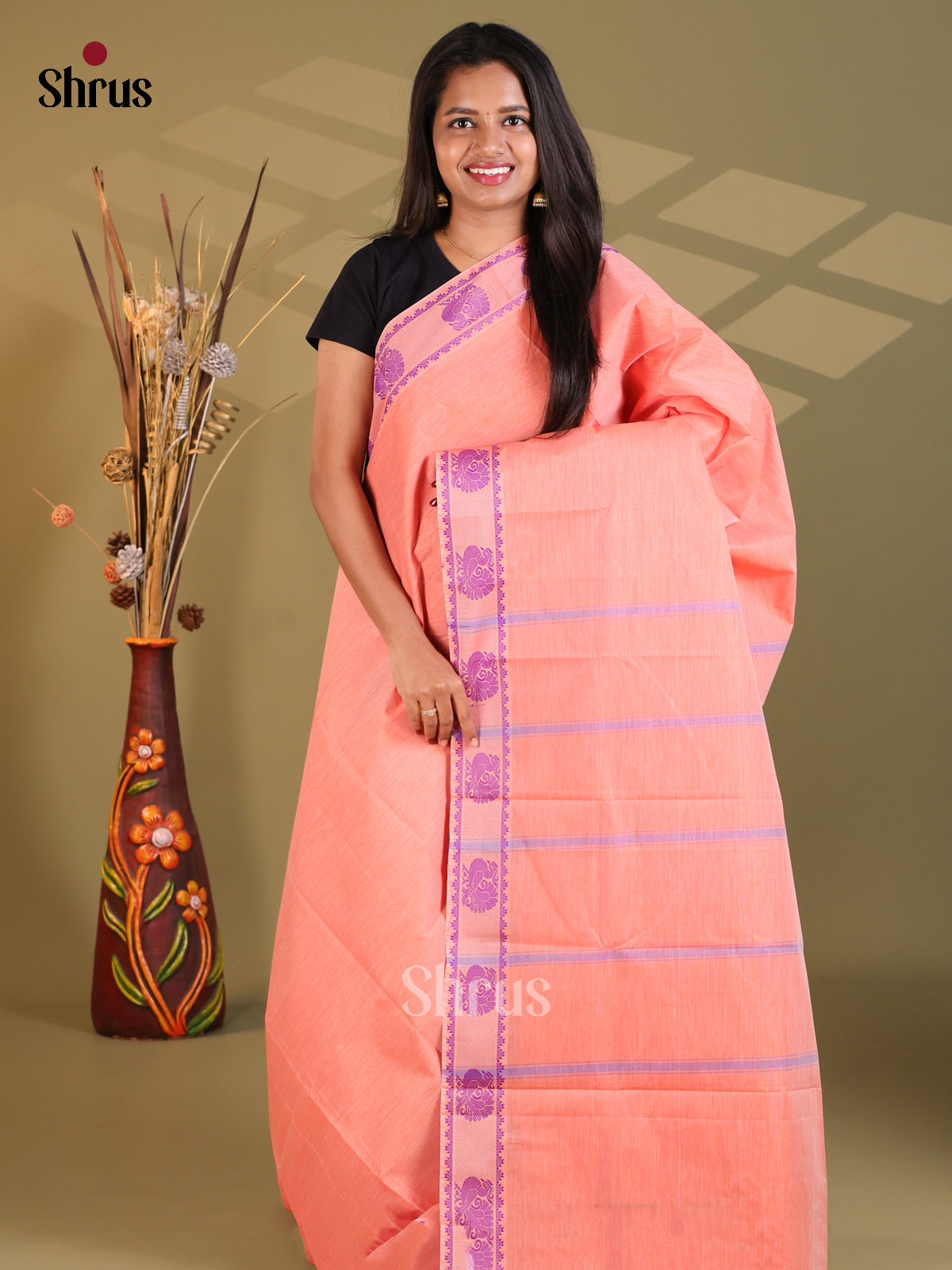 Pastel Peach & Purple - South Cotton Saree - Shop on Shrus.com