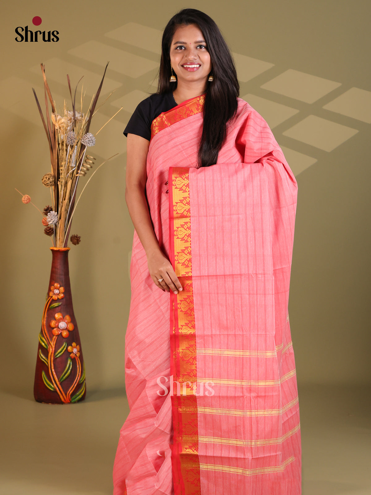 Pink & Red- South Cotton Saree - Shop on Shrus.com
