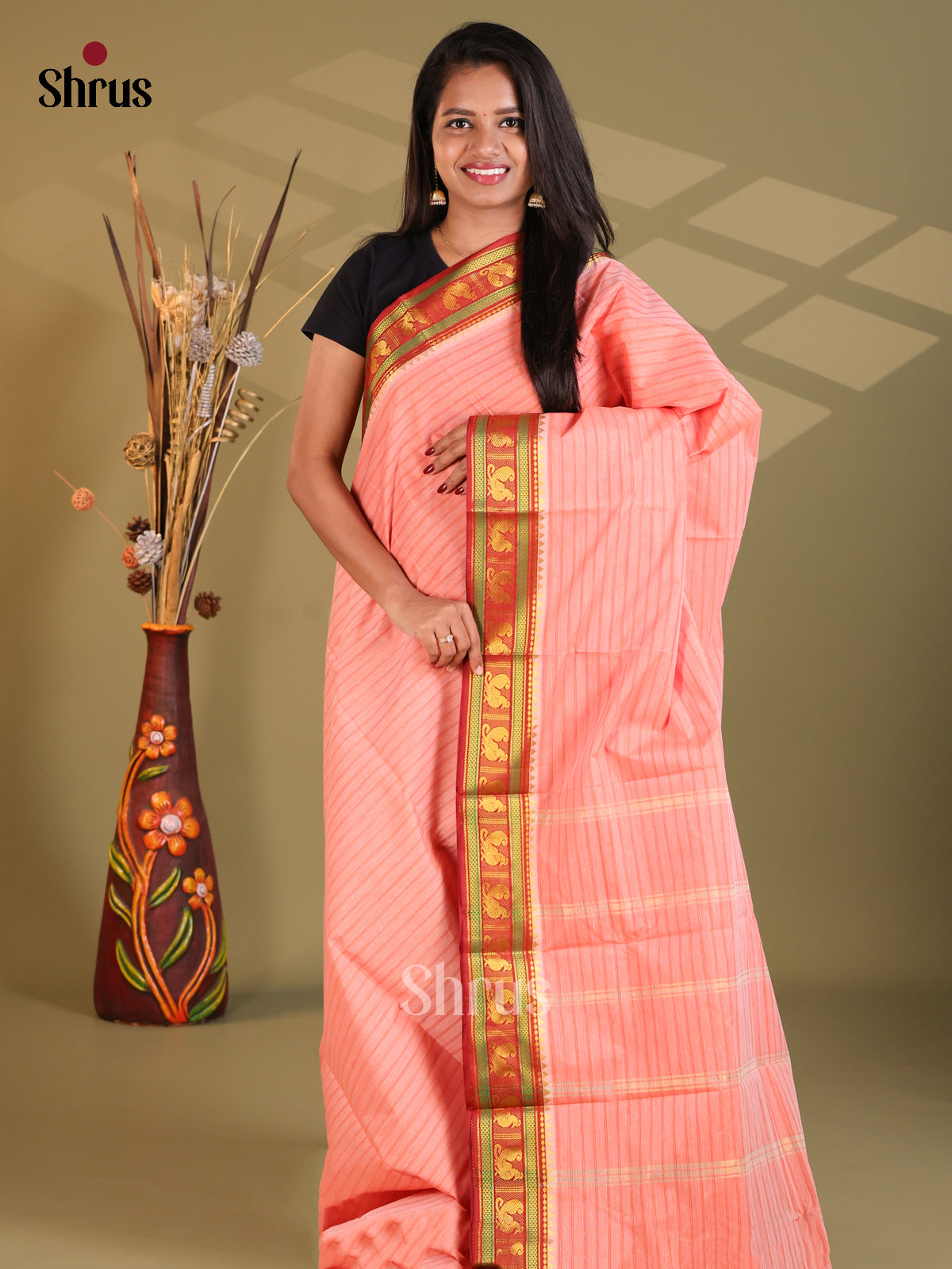Pastel Pink & Red- South Cotton Saree - Shop on Shrus.com