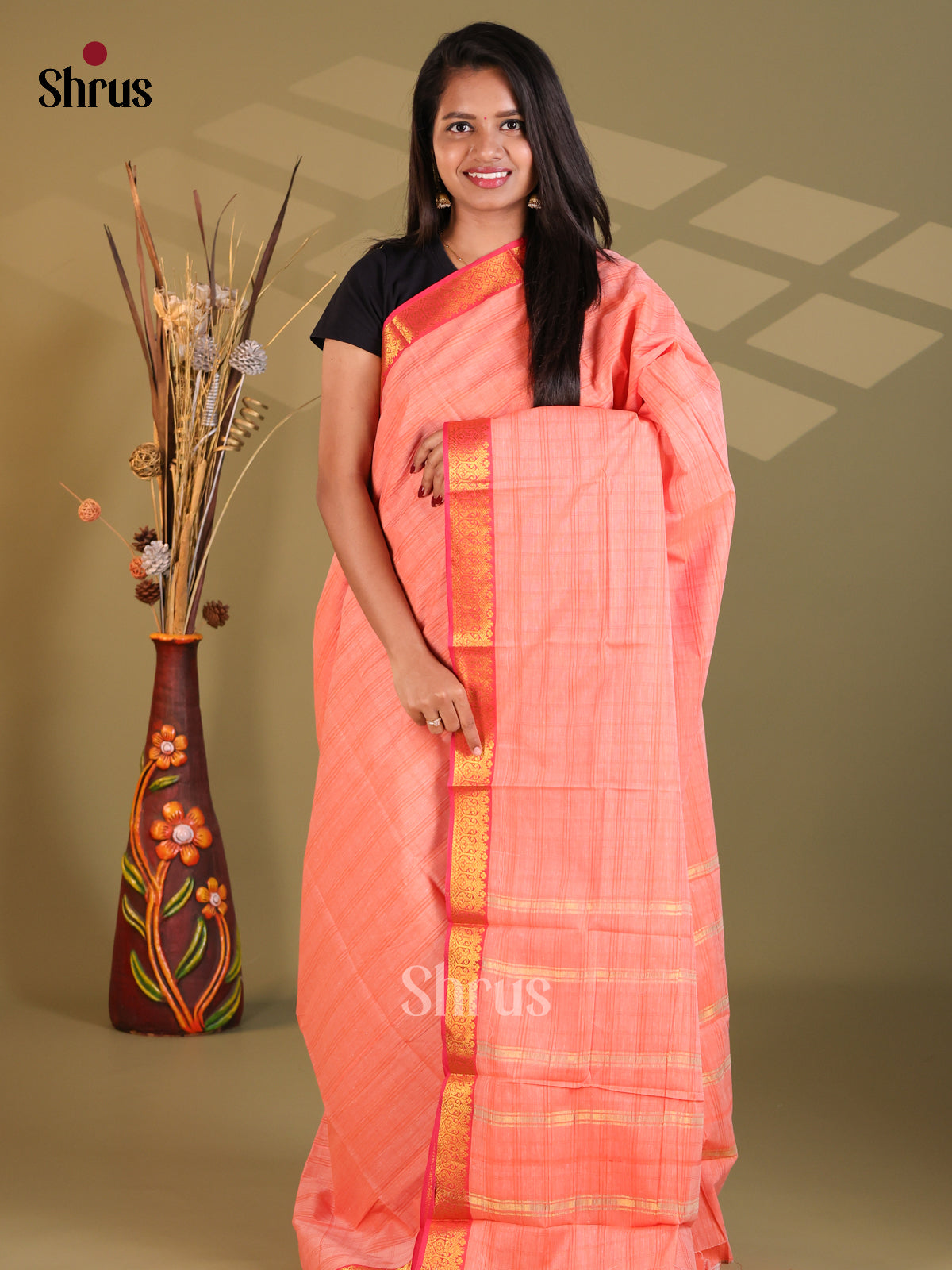 Peach & Pink - South Cotton Saree - Shop on Shrus.com