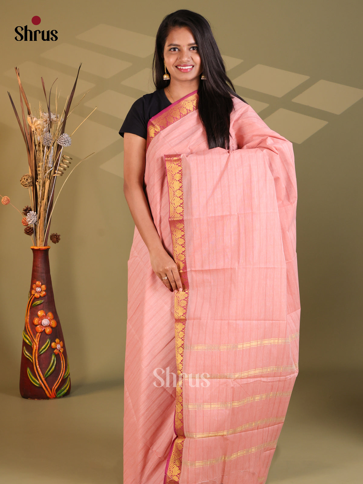 Peach & Pink - South Cotton Saree - Shop on Shrus.com