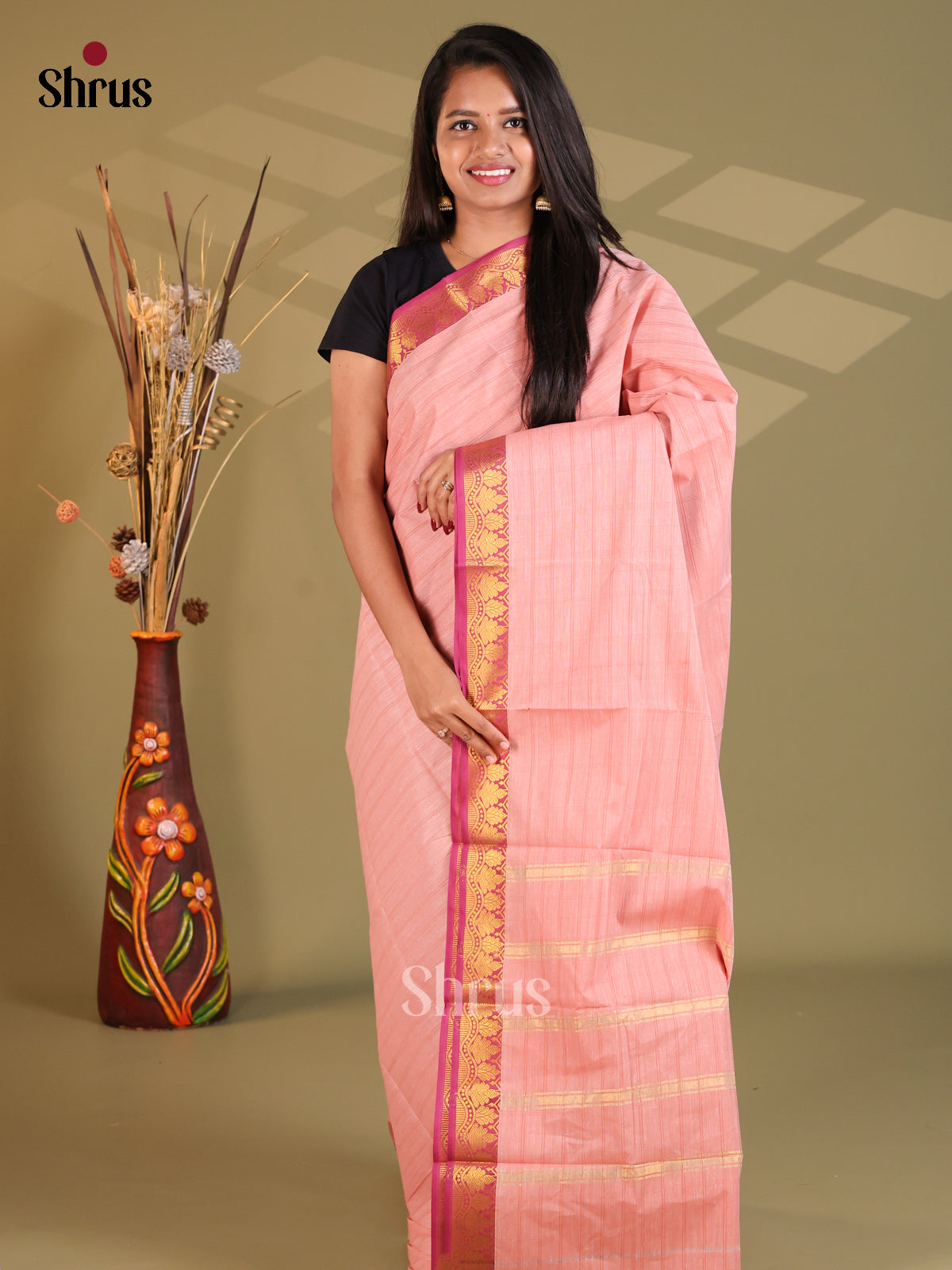 Pastel Pink & Pink - South Cotton Saree - Shop on Shrus.com