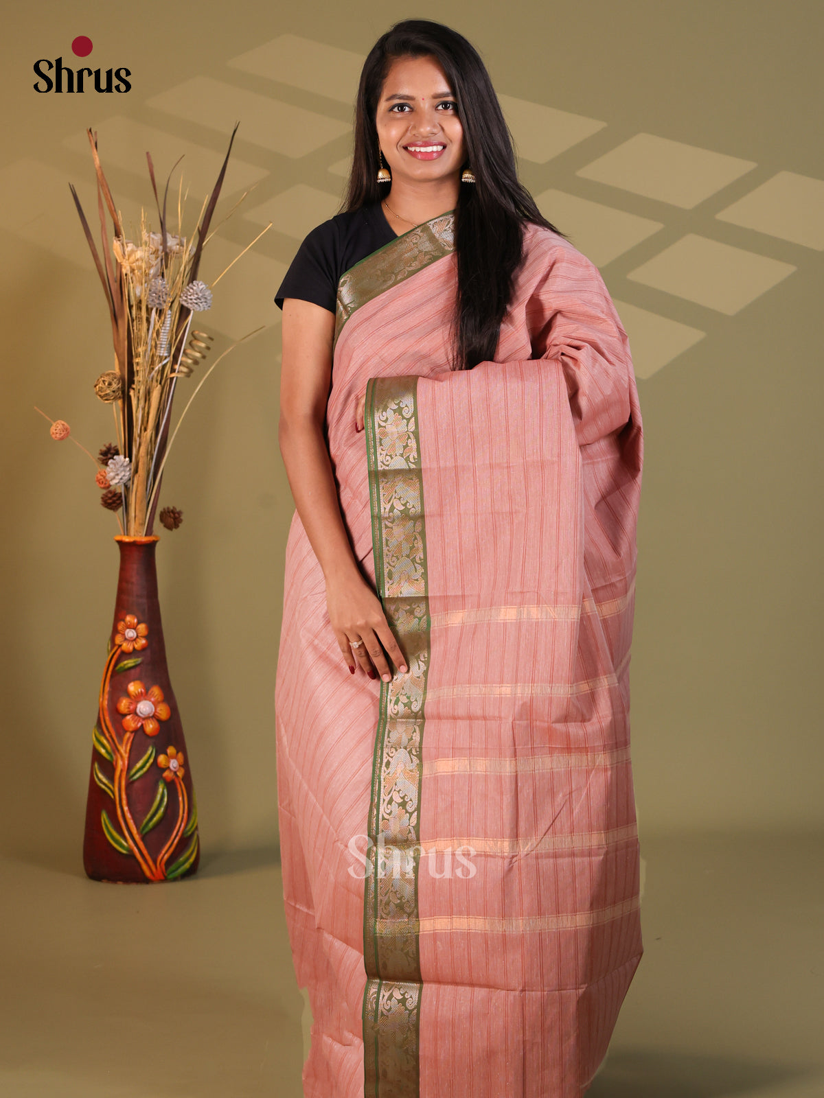 Dusty Pink & Green- South Cotton Saree - Shop on Shrus.com