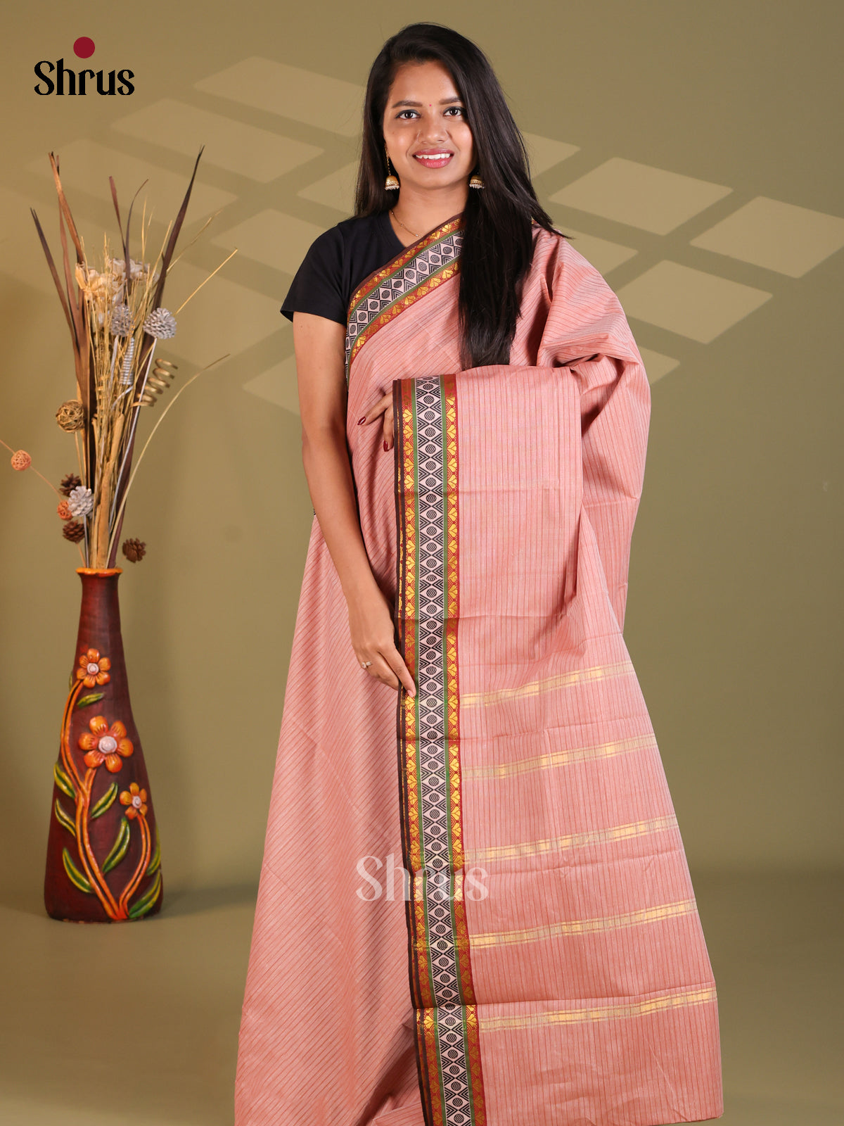 Dusty Pink & Brown - South Cotton Saree - Shop on Shrus.com