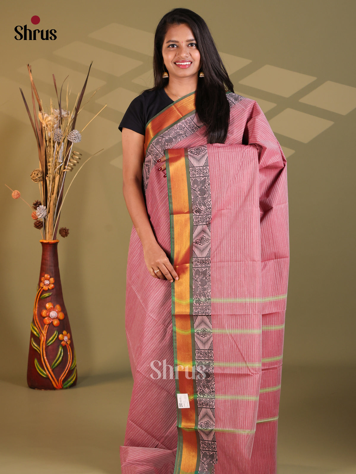Dusty Pink & Green - South Cotton Saree - Shop on Shrus.com