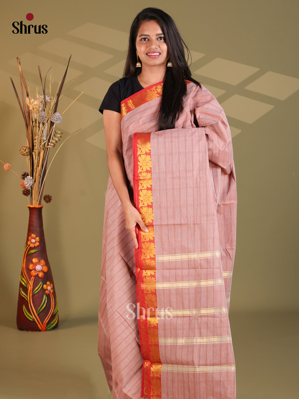 Dusty Brown & Red - South Cotton Saree - Shop on Shrus.com