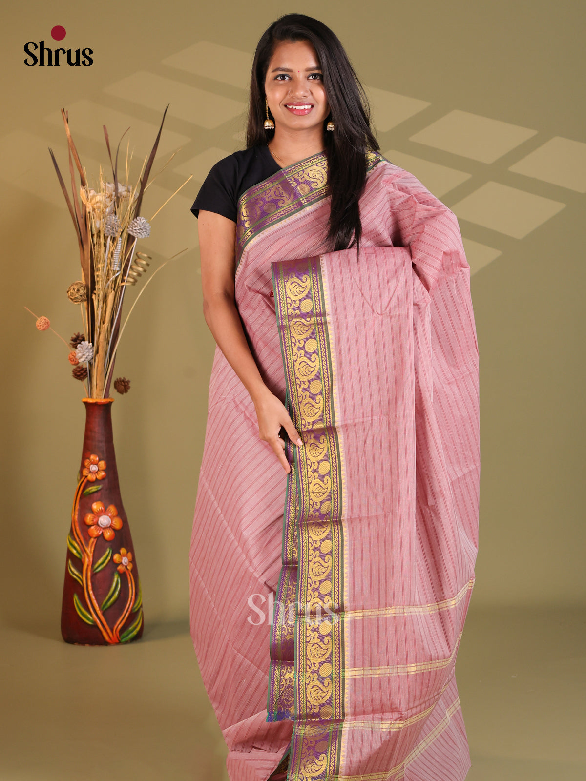 Dusty Pink & Green - South Cotton Saree - Shop on Shrus.com