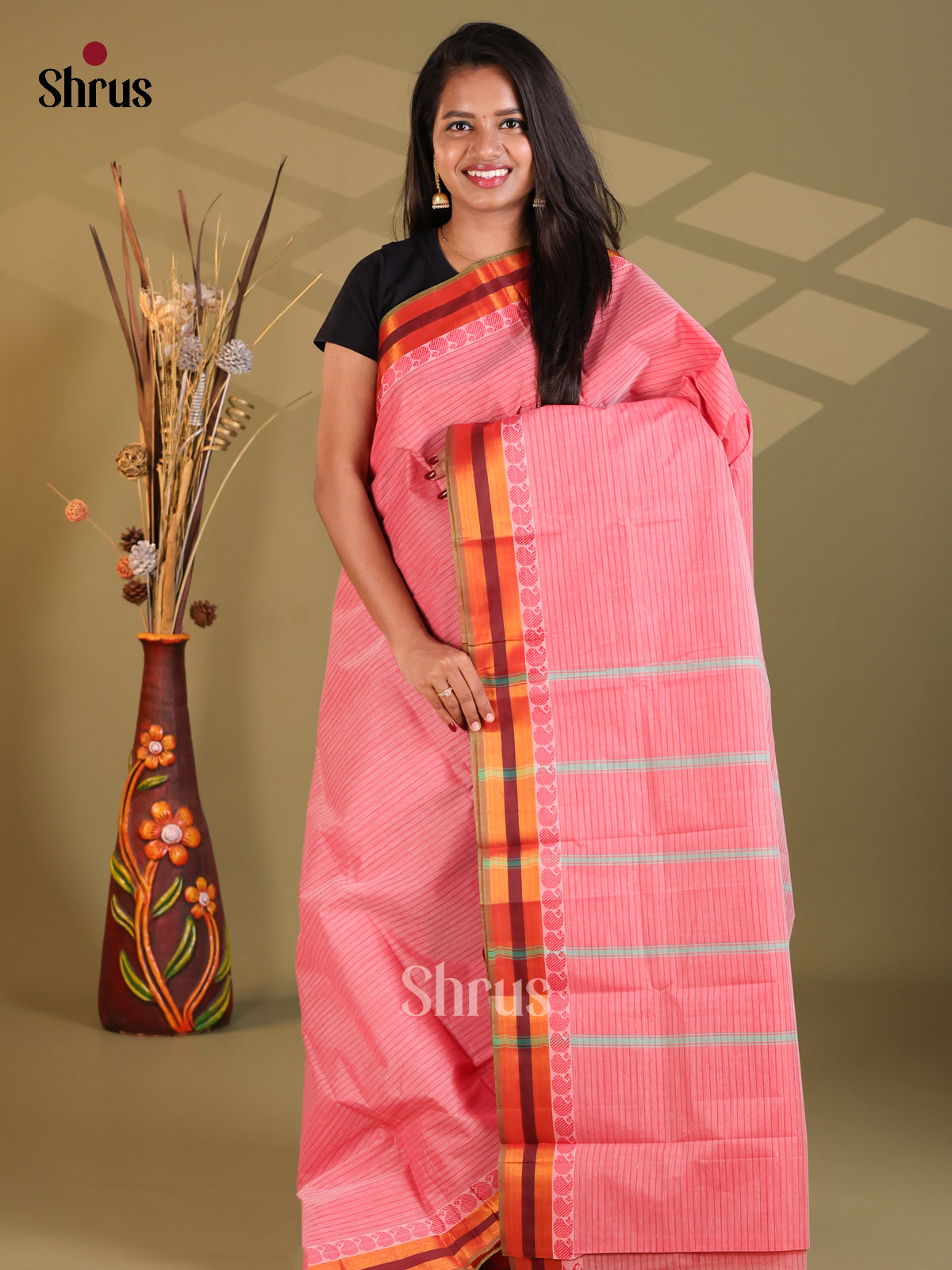 Pink & Green - South Cotton Saree - Shop on Shrus.com
