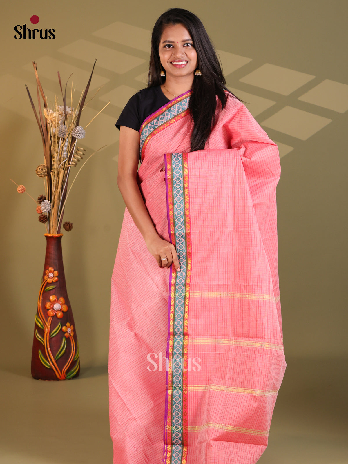 Pink  & Purple  - South Cotton Saree - Shop on Shrus.com