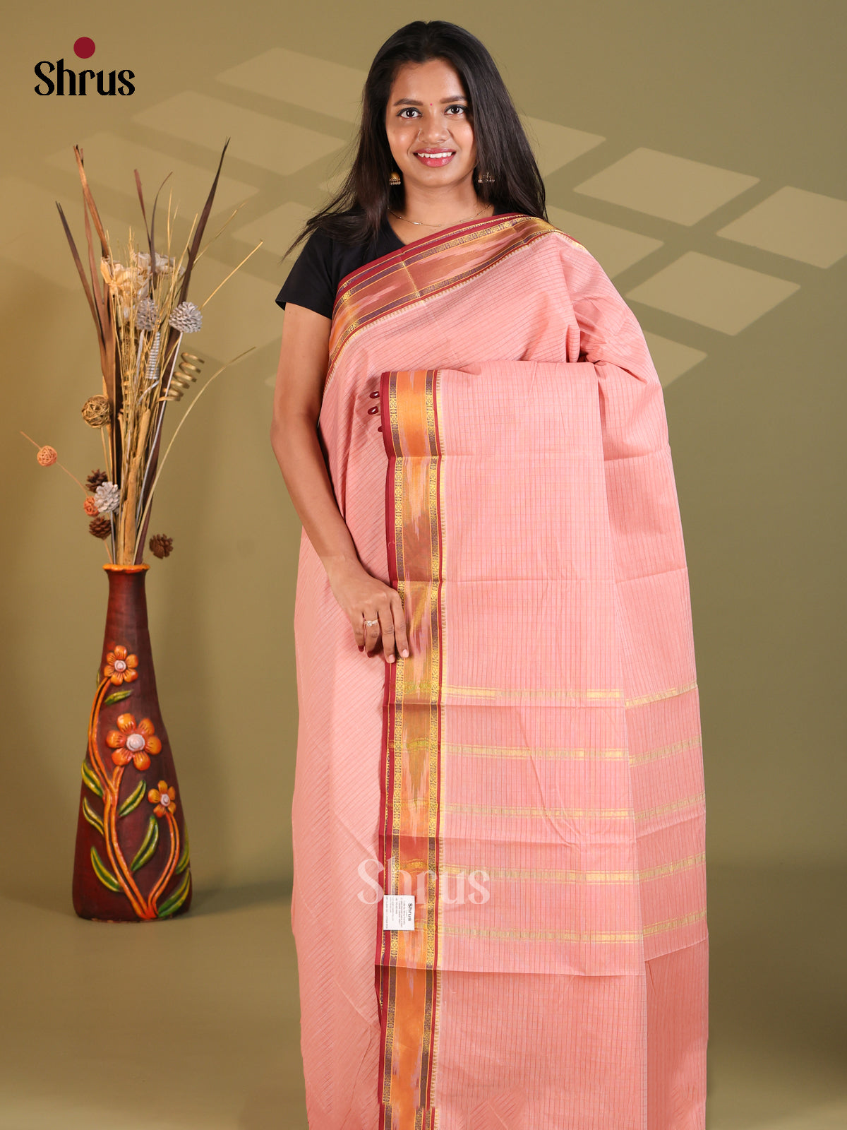 Pastel Pink & Maroon - South Cotton Saree - Shop on Shrus.com