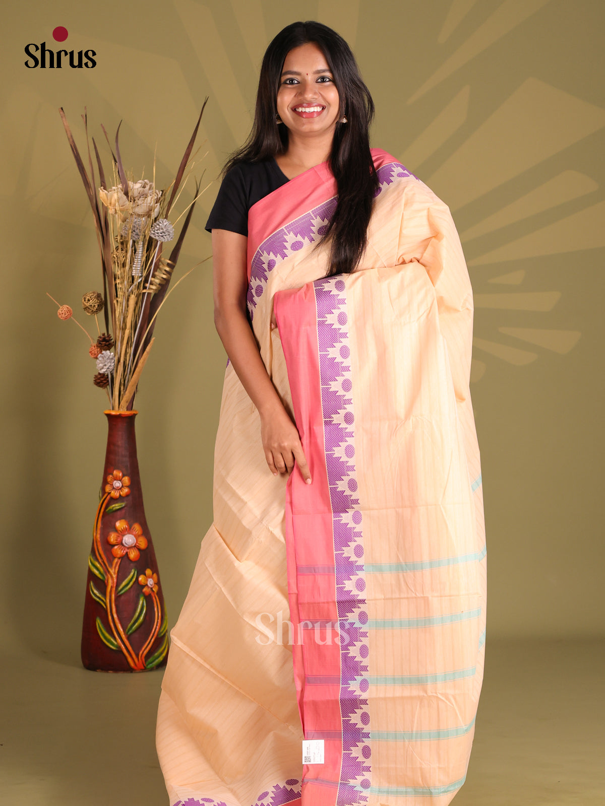 Peach & Pink - South Cotton Saree - Shop on Shrus.com