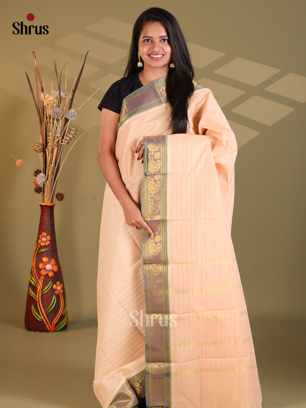 Peach &  Green - South Cotton Saree - Shop on Shrus.com