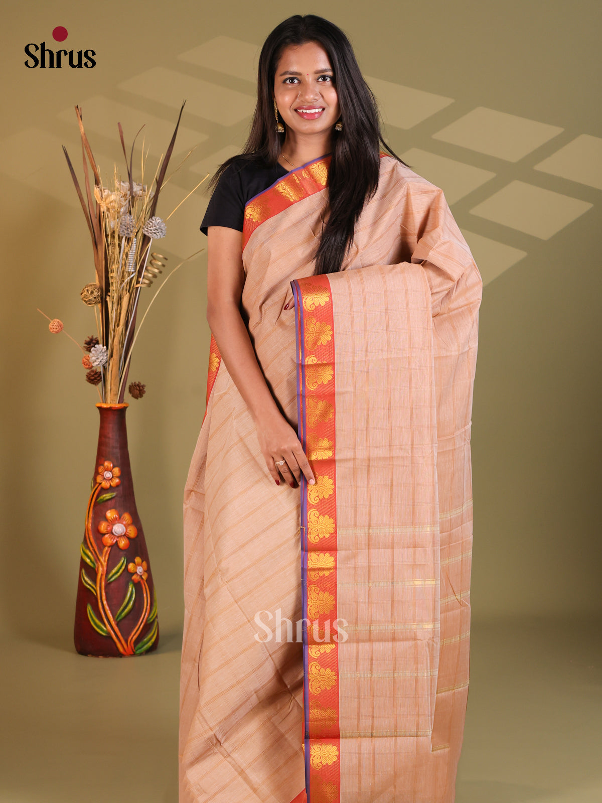 Dusty Brown & Orange - South Cotton Saree - Shop on Shrus.com