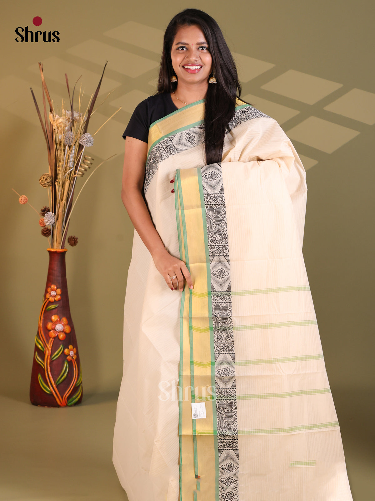 Cream & Green - South Cotton Saree