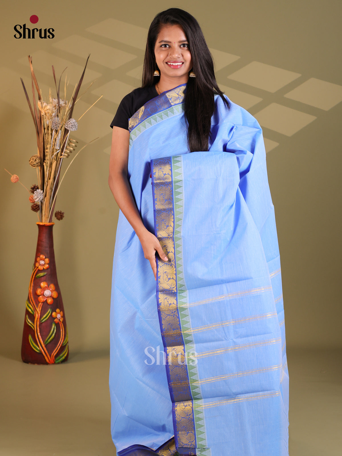 Light blue & Blue - South Cotton Saree - Shop on Shrus.com