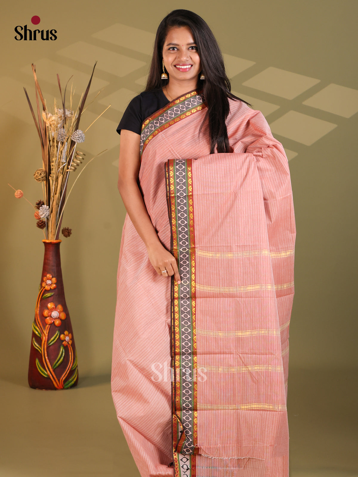 Dusty Pink & Brown- South Cotton Saree - Shop on Shrus.com