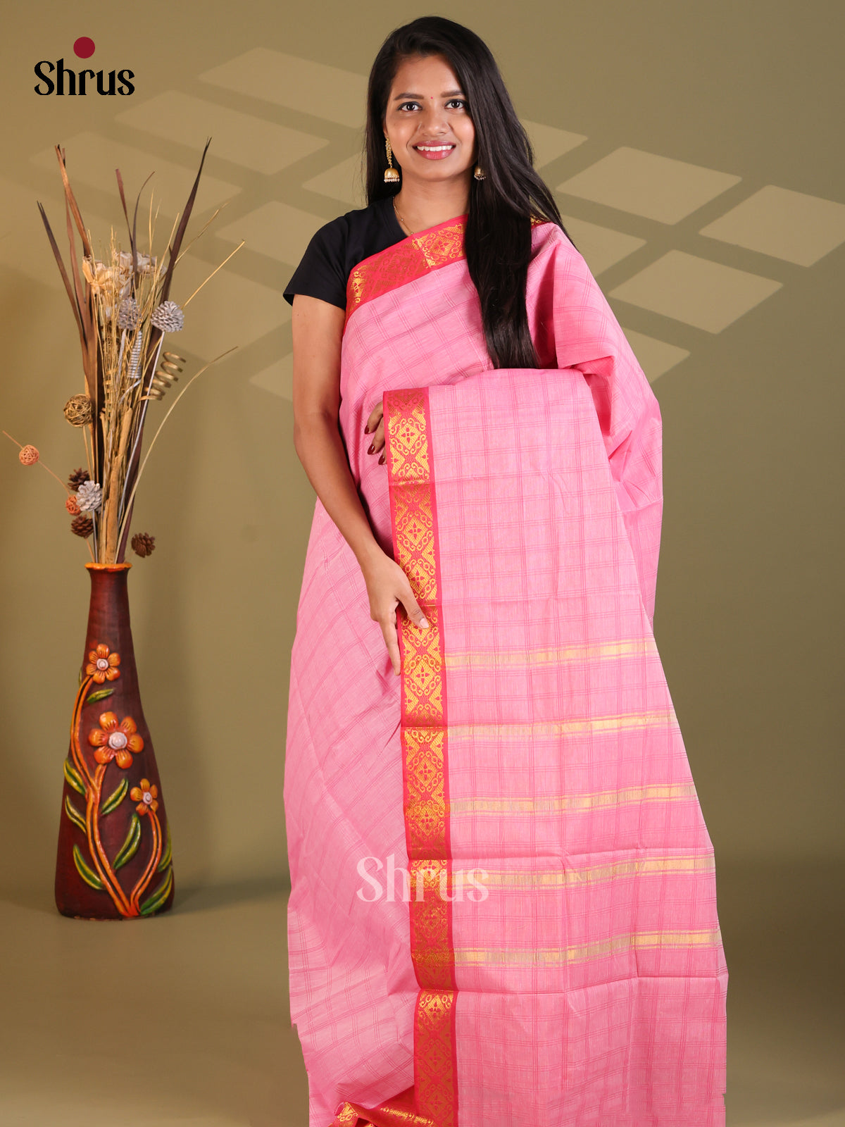 Pink & Red- South Cotton Saree - Shop on Shrus.com