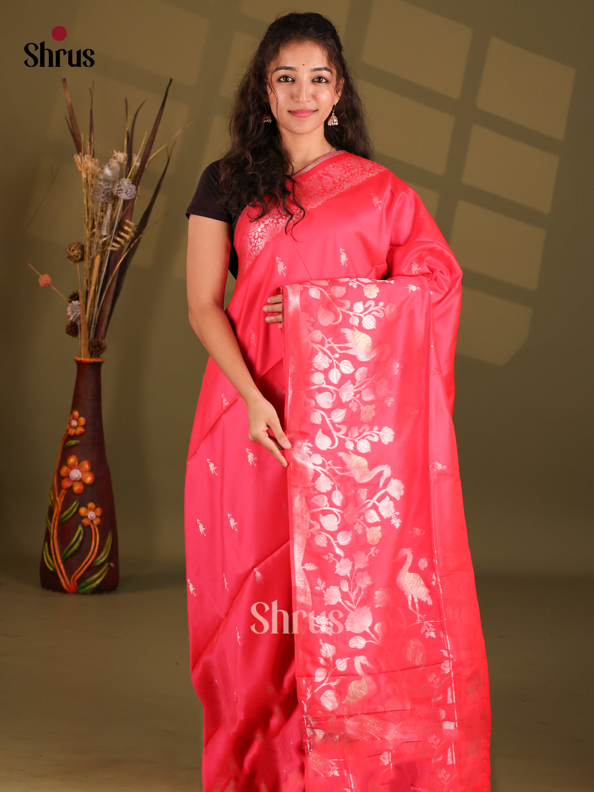 Pink - Semi Softsilk Saree - Shop on Shrus.com
