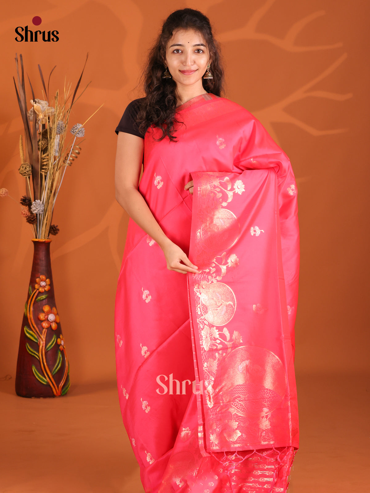 Pink - Semi Softsilk Saree - Shop on Shrus.com