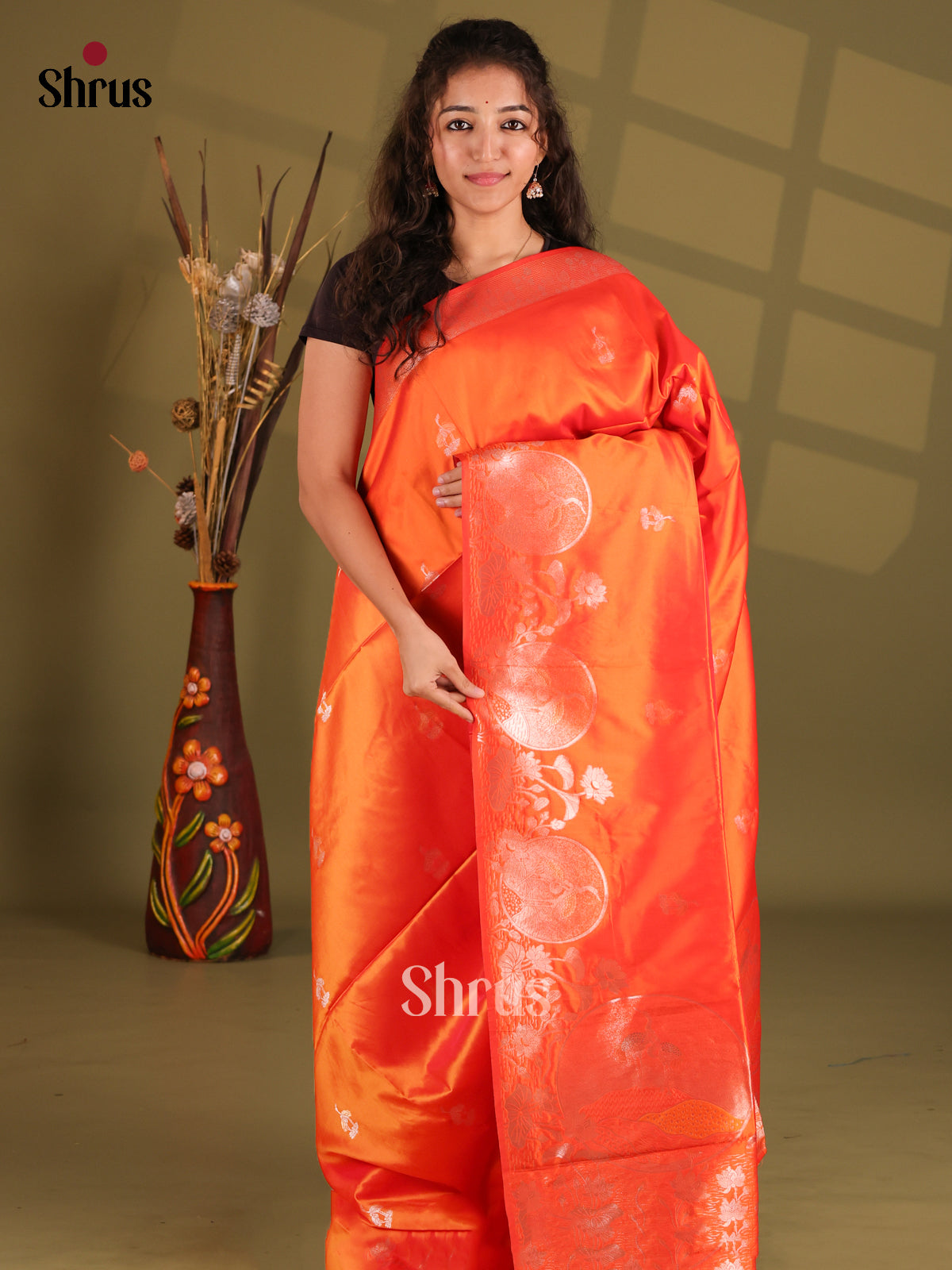 Orange - Semi Softsilk Saree - Shop on Shrus.com