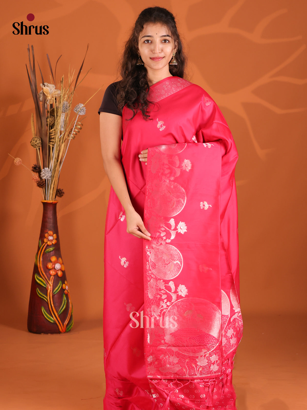 Pink - Semi Softsilk Saree - Shop on Shrus.com
