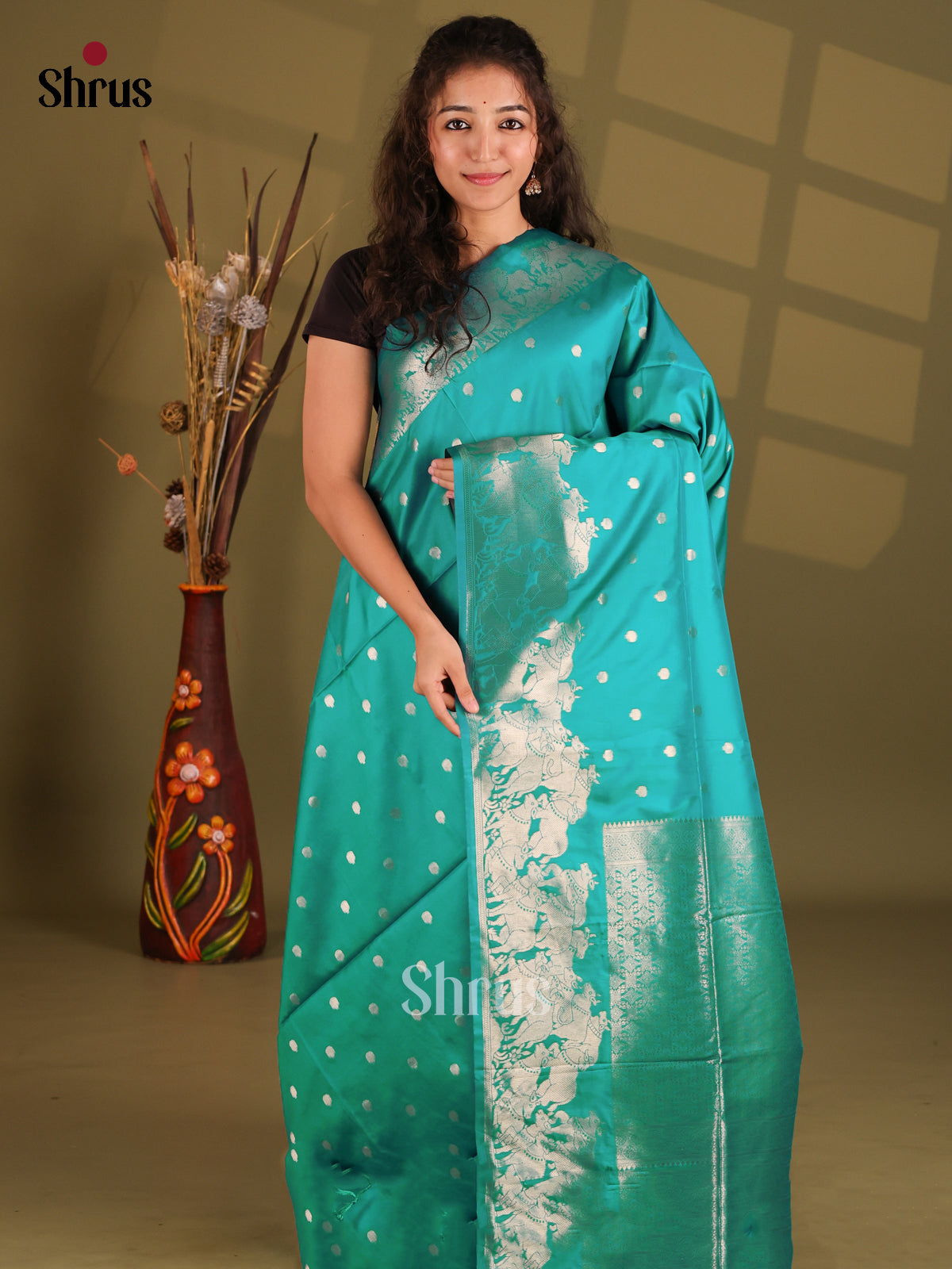 Teal - Semi Softsilk Saree - Shop on Shrus.com