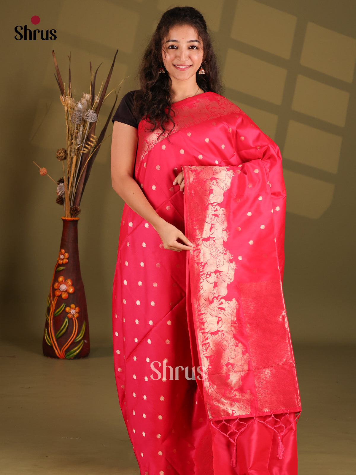 Red - Semi Softsilk Saree - Shop on Shrus.com
