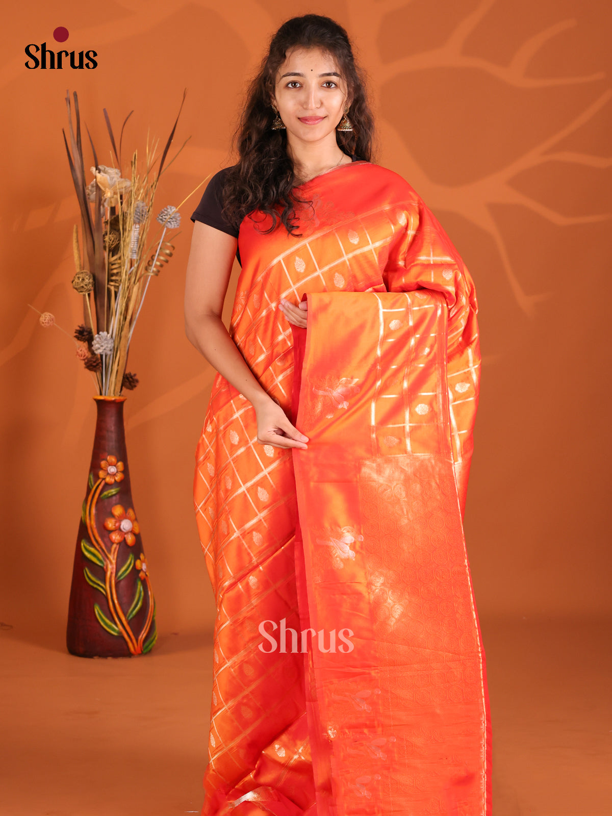 Orange - Semi Softsilk Saree - Shop on Shrus.com