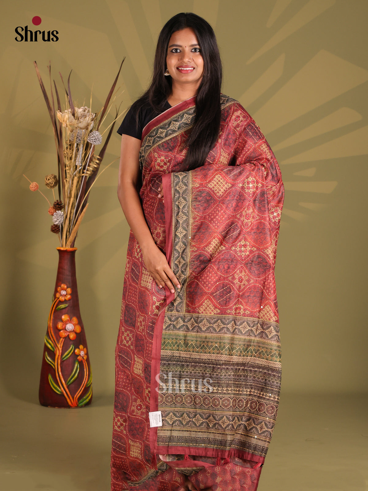 Maroon - Semi Kantha Saree - Shop on Shrus.com